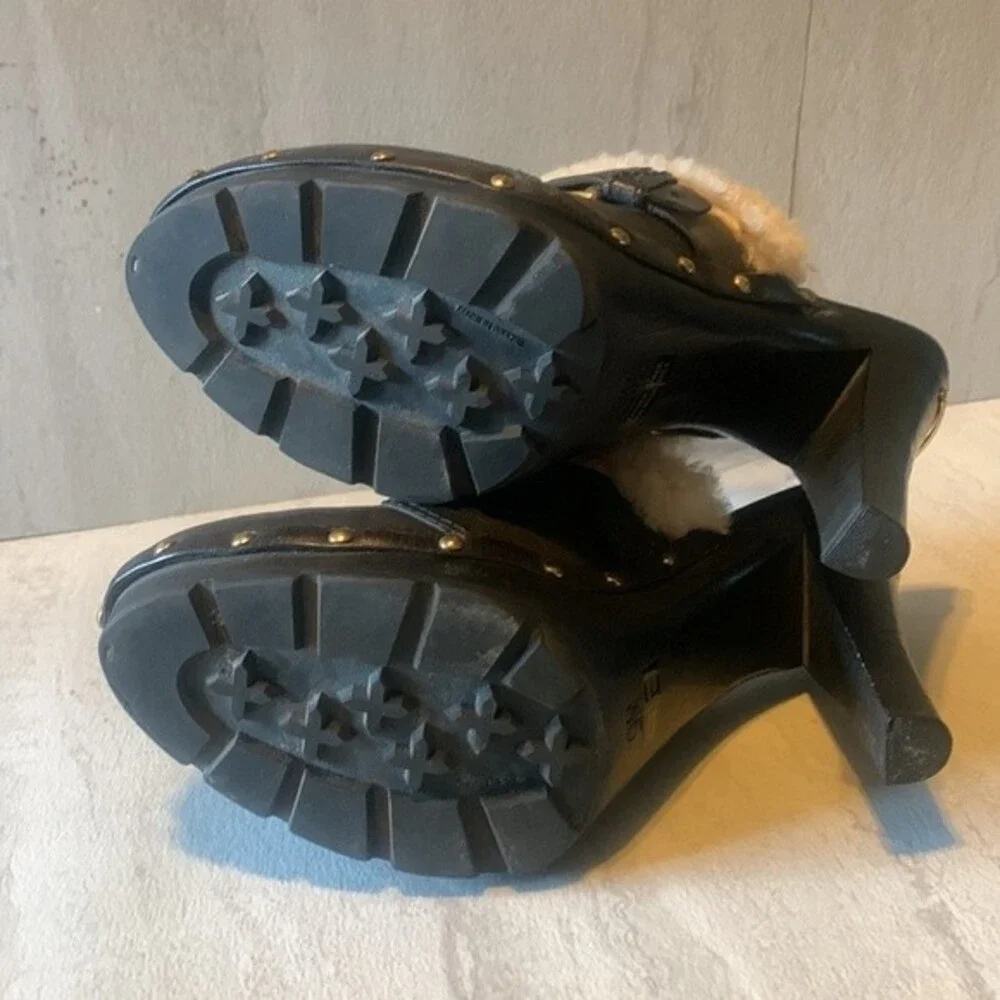 Michael Kors Studded Black Leather Wood Platform Clogs Size 9 Shearling Mules - Picture 11 of 12